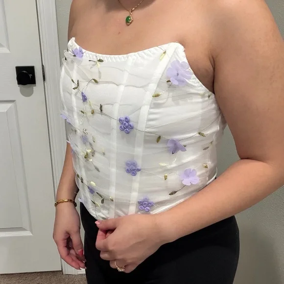 SHEIN White Corset Top with Purple Floral Accents - Picture 3 of 5